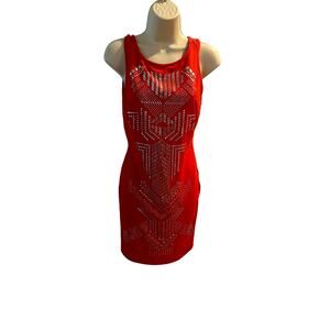 BEBE, SIZE M, RED DRESS WITH SILVER EMBELLISHMENTS